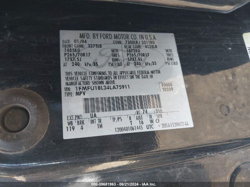 2004 Ford Expedition Eddie Bauer VIN: 1FMFU18L34LA75911 Lot: 39681963