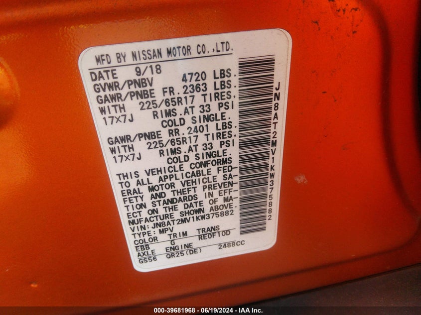 2019 Nissan Rogue Sv VIN: JN8AT2MV1KW375882 Lot: 39681968