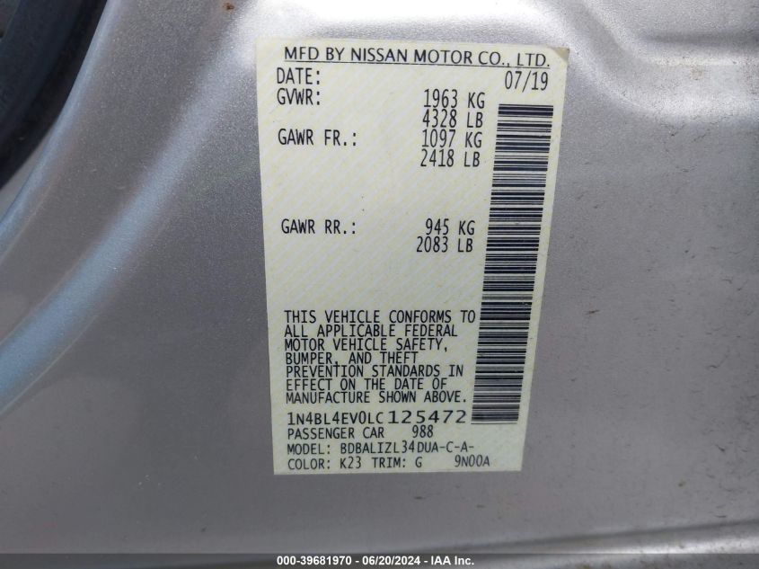 2020 Nissan Altima Sl Fwd VIN: 1N4BL4EV0LC125472 Lot: 39681970