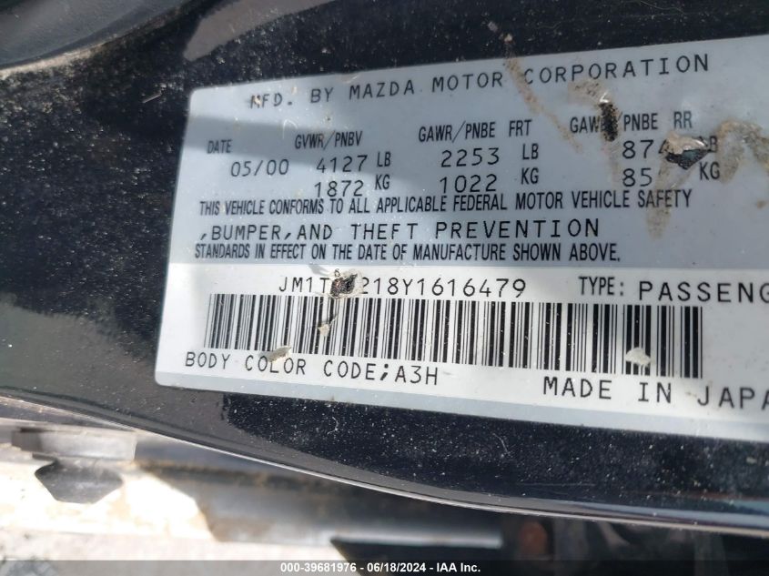 2000 Mazda Millenia VIN: JM1TA2218Y1616479 Lot: 39681976