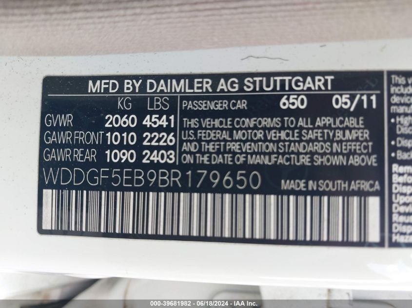 2011 Mercedes-Benz C 300 Luxury/Sport VIN: WDDGF5EB9BR179650 Lot: 39681982