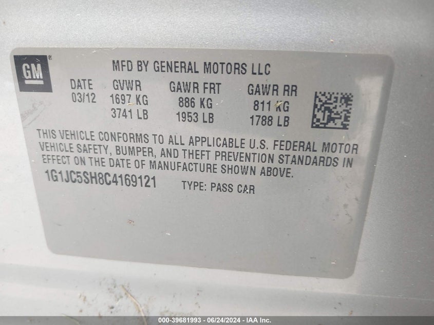 2012 Chevrolet Sonic 2Lt VIN: 1G1JC5SH8C4169121 Lot: 39681993