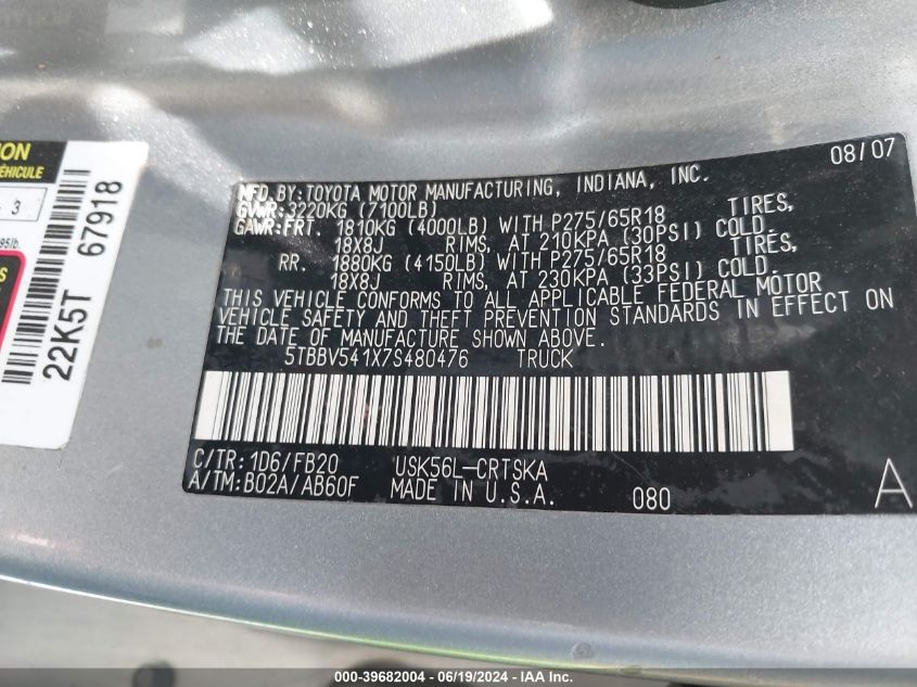 2007 Toyota Tundra Double Cab Sr5 VIN: 5TBBV541X7S480476 Lot: 39682004