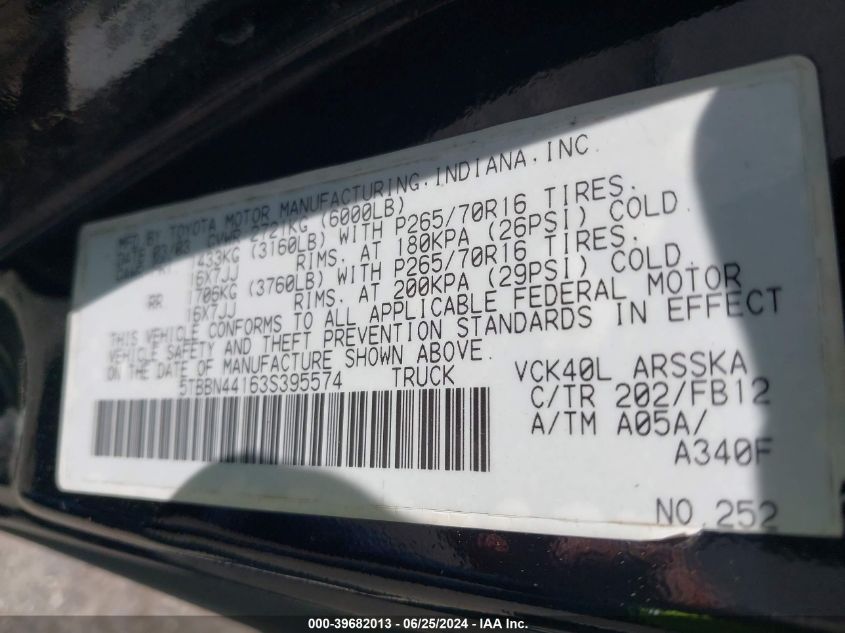 2003 Toyota Tundra Sr5 VIN: 5TBBN44163S395574 Lot: 39682013