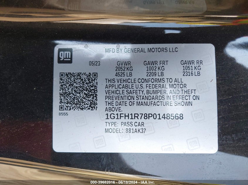 2023 Chevrolet Camaro Rwd 2Ss VIN: 1G1FH1R78P0148568 Lot: 39682016