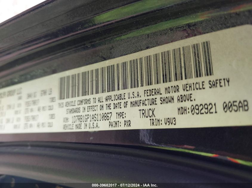 2010 Dodge Ram 1500 VIN: 1D7RB1GP1AS110867 Lot: 39682017