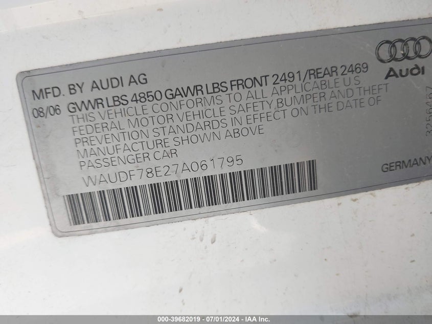 2007 Audi A4 2.0T VIN: WAUDF78E27A061795 Lot: 39682019