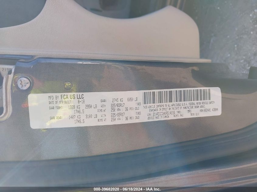 2019 Dodge Grand Caravan Sxt VIN: 2C4RDGCG4KR514116 Lot: 39682020