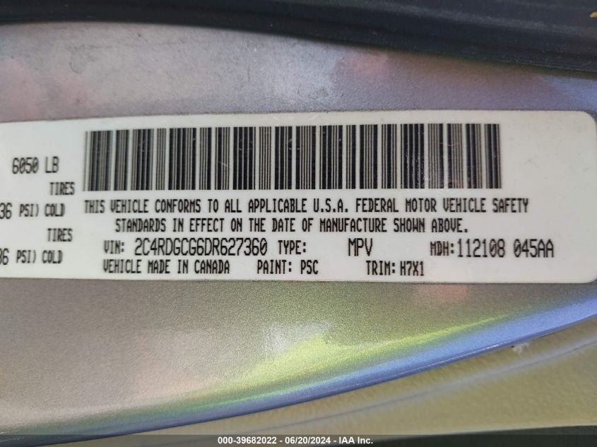 2013 Dodge Grand Caravan Sxt VIN: 2C4RDGCG6DR627360 Lot: 39682022