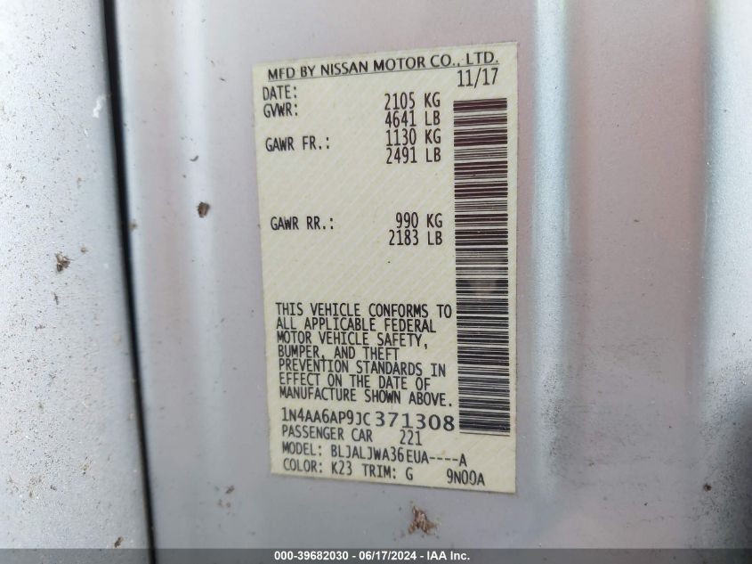 2018 Nissan Maxima 3.5 Sv VIN: 1N4AA6AP9JC371308 Lot: 39682030