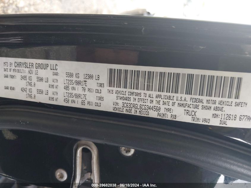 2012 Ram 3500 St VIN: 3C63DRGL6CG344560 Lot: 39682038