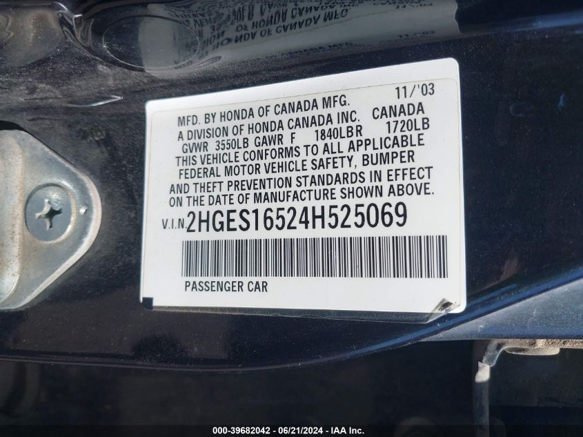 2004 Honda Civic Lx VIN: 2HGES16524H525069 Lot: 39682042