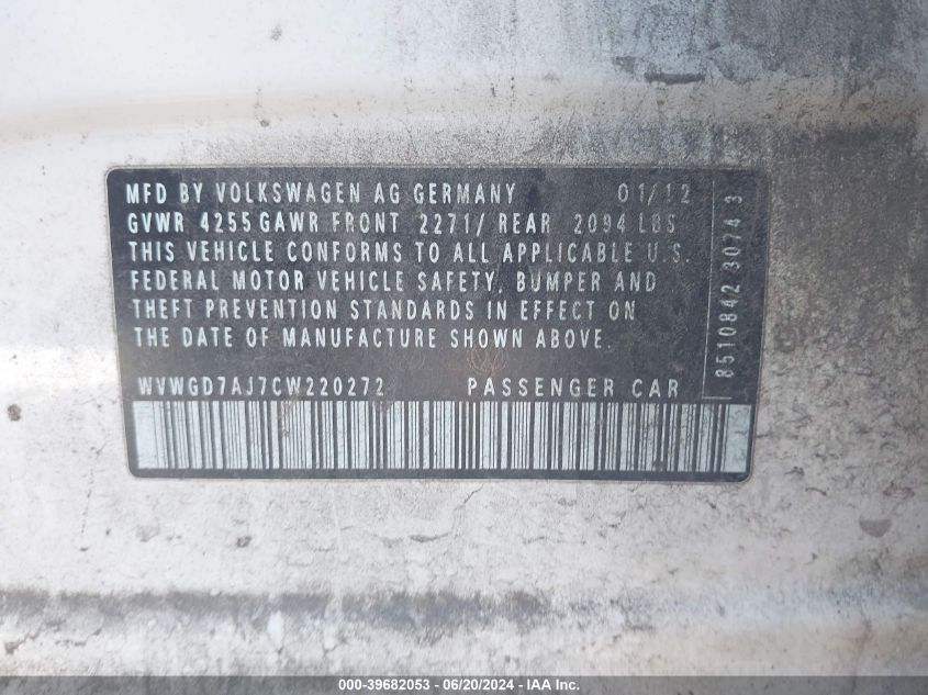 2012 Volkswagen Gti VIN: WVWGD7AJ7CW220272 Lot: 39682053