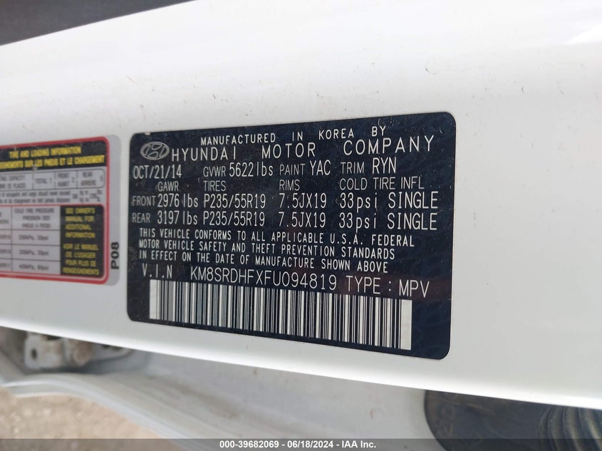 2015 Hyundai Santa Fe Gls VIN: KM8SRDHFXFU094819 Lot: 39682069