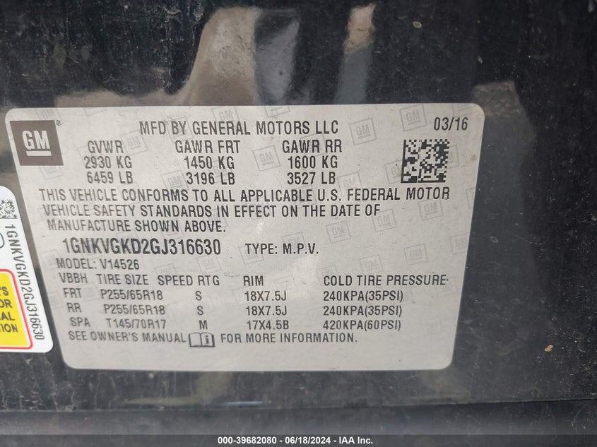 2016 Chevrolet Traverse 1Lt VIN: 1GNKVGKD2GJ316630 Lot: 39682080