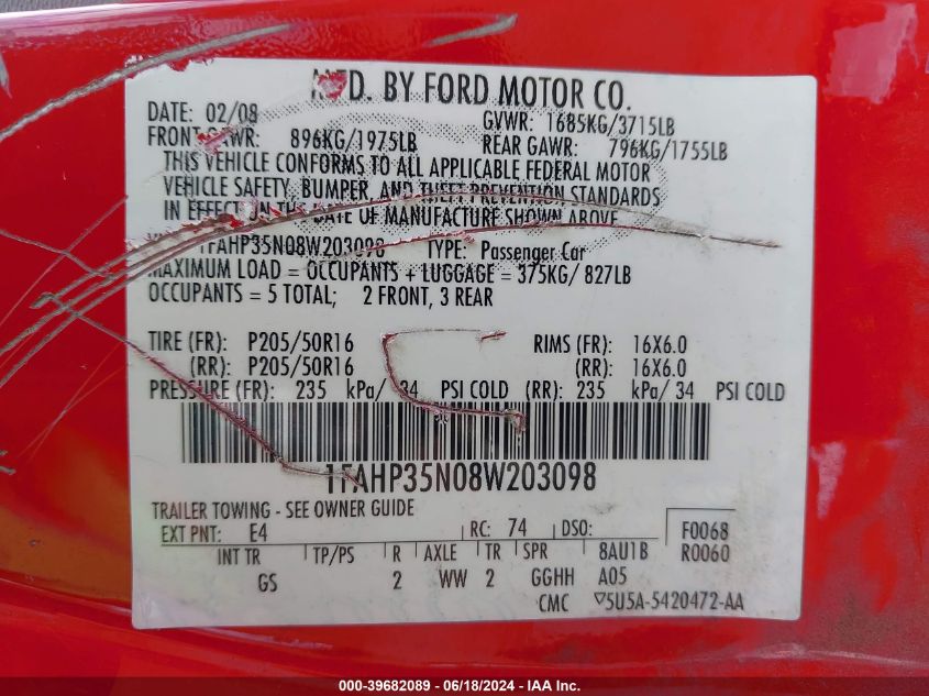 2008 Ford Focus Se/Ses VIN: 1FAHP35N08W203098 Lot: 39682089