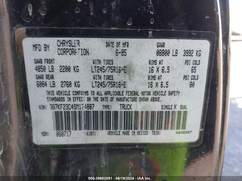 1995 Dodge Ram 2500 VIN: 3B7KF23C4SM174887 Lot: 39682091