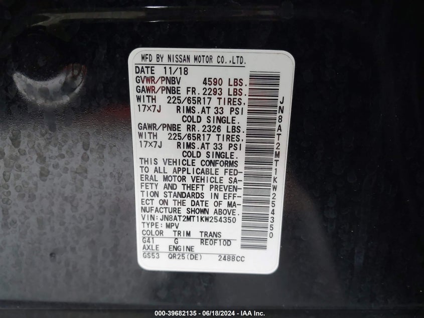 2019 Nissan Rogue Sv VIN: JN8AT2MT1KW254350 Lot: 39682135