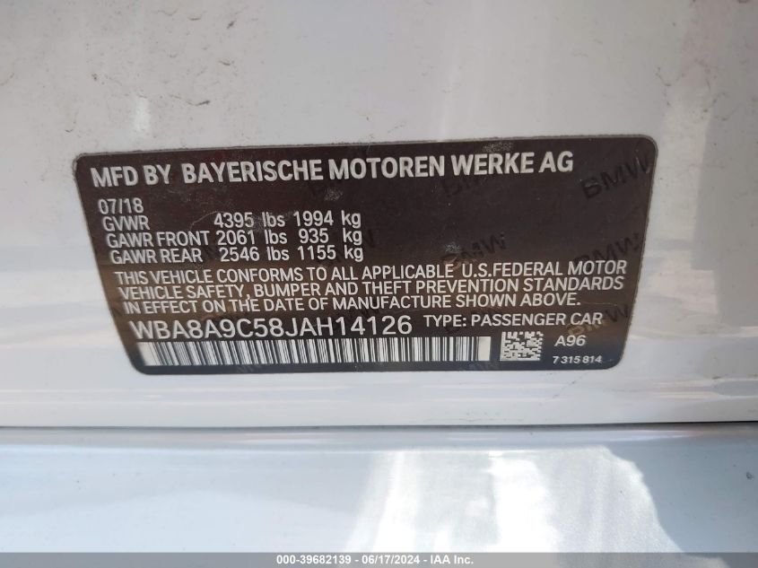 2018 BMW 320I VIN: WBA8A9C58JAH14126 Lot: 39682139