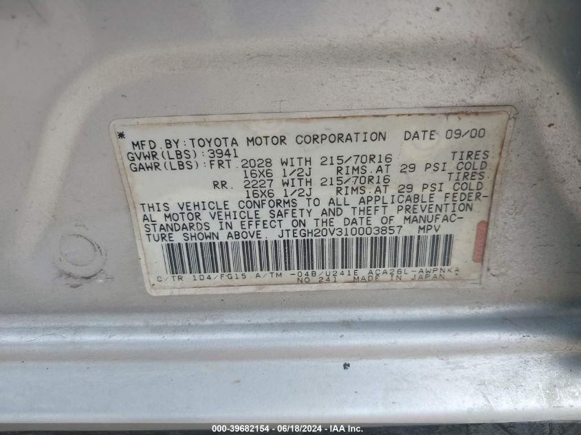 2001 Toyota Rav4 VIN: JTEGH20V310003857 Lot: 39682154