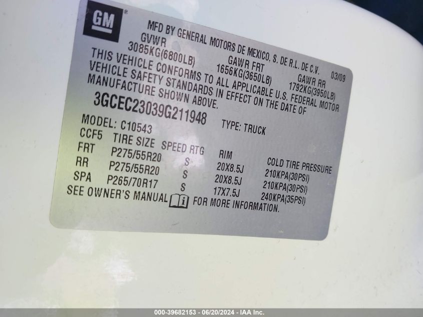 2009 Chevrolet Silverado 1500 Lt VIN: 3GCEC23039G211948 Lot: 39682153