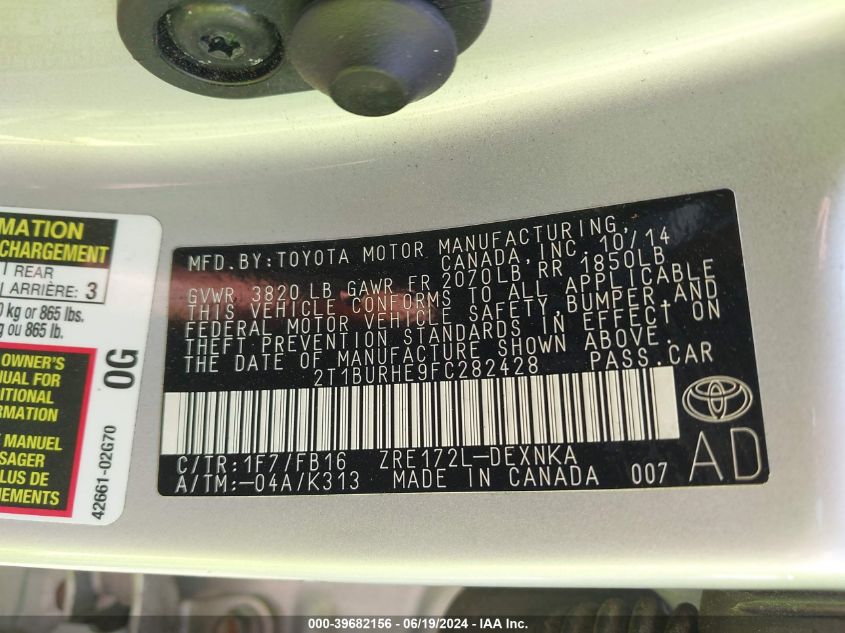 2015 TOYOTA COROLLA LE - 2T1BURHE9FC282428