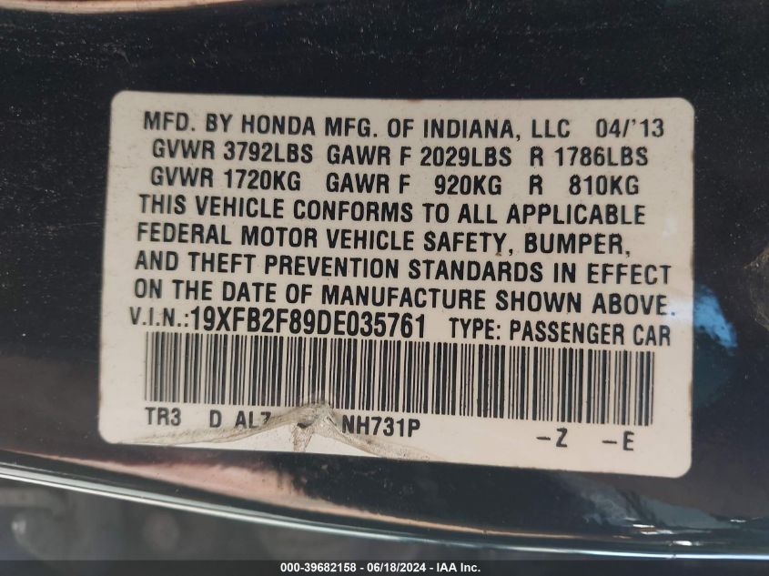 2013 Honda Civic Ex VIN: 19XFB2F89DE035761 Lot: 39682158