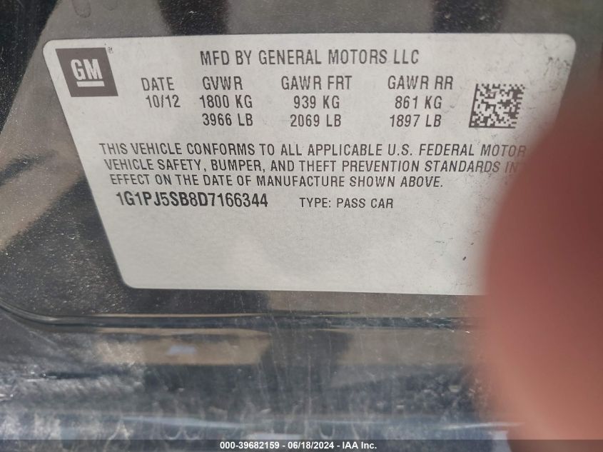 2013 Chevrolet Cruze Eco Manual VIN: 1G1PJ5SB8D7166344 Lot: 39682159