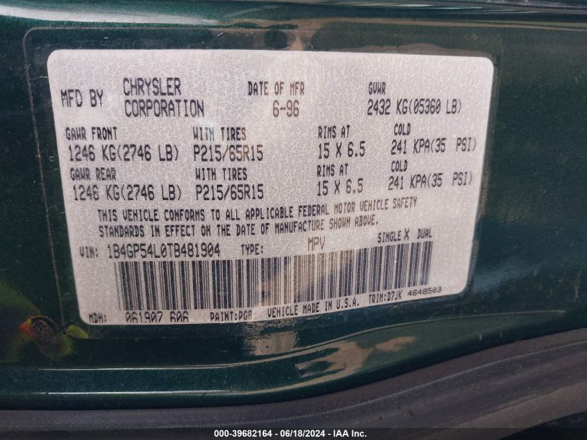 1996 Dodge Grand Caravan Le/Es VIN: 1B4GP54L0TB481904 Lot: 39682164