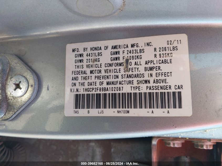 2011 Honda Accord 2.4 Ex-L VIN: 1HGCP2F89BA102087 Lot: 39682165