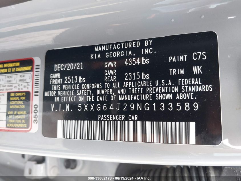 2022 KIA K5 GT-LINE - 5XXG64J29NG133589