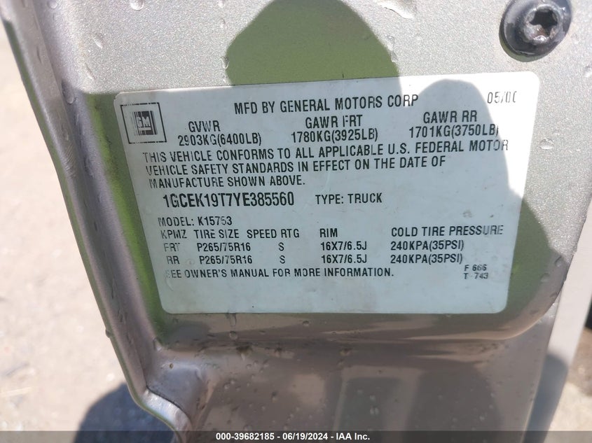 2000 Chevrolet Silverado 1500 Ls VIN: 1GCEK19T7YE385560 Lot: 39682185