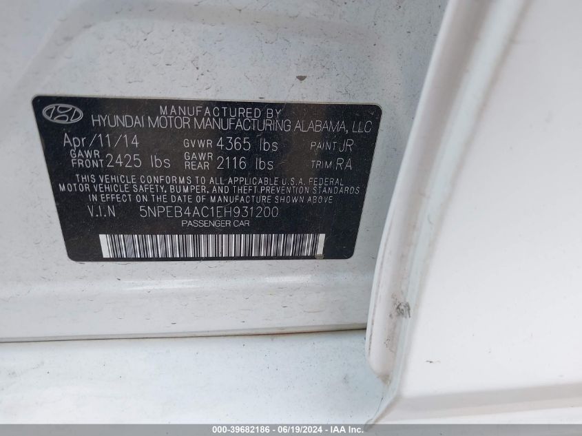 5NPEB4AC1EH931200 2014 Hyundai Sonata Gls