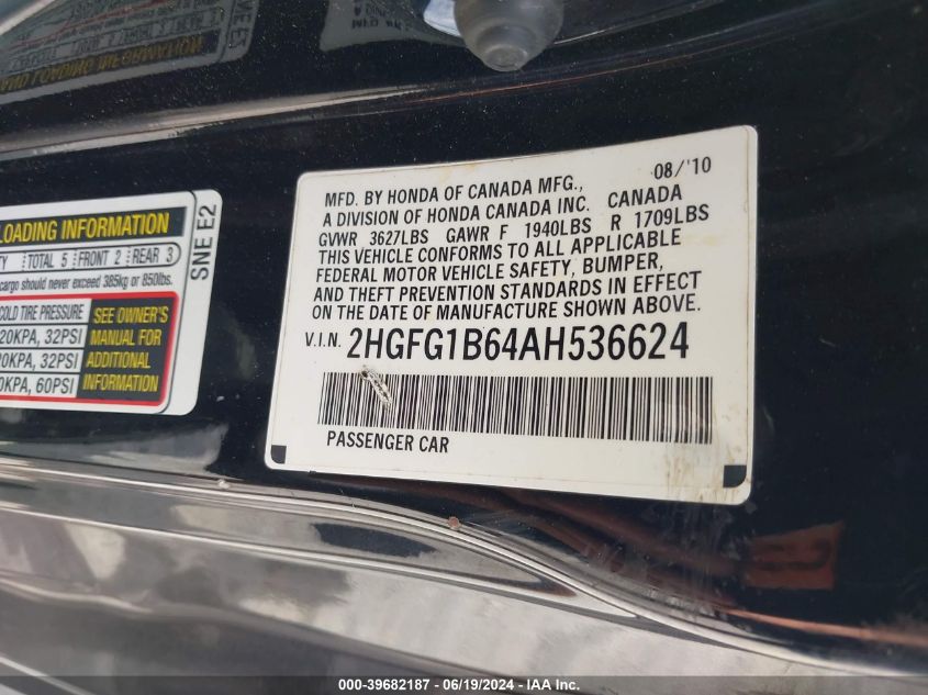 2010 Honda Civic Lx VIN: 2HGFG1B64AH536624 Lot: 39682187
