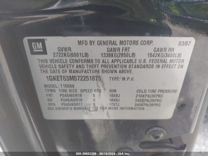 2007 GMC Envoy Denali VIN: 1GKET63M572251873 Lot: 39682206