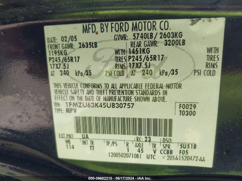 2005 Ford Explorer Xlt/Xlt Sport VIN: 1FMZU63K45UB30757 Lot: 39682210