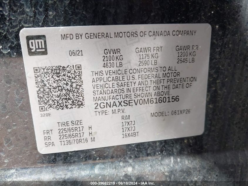 2021 Chevrolet Equinox Awd Ls VIN: 2GNAXSEV0M6160156 Lot: 39682219