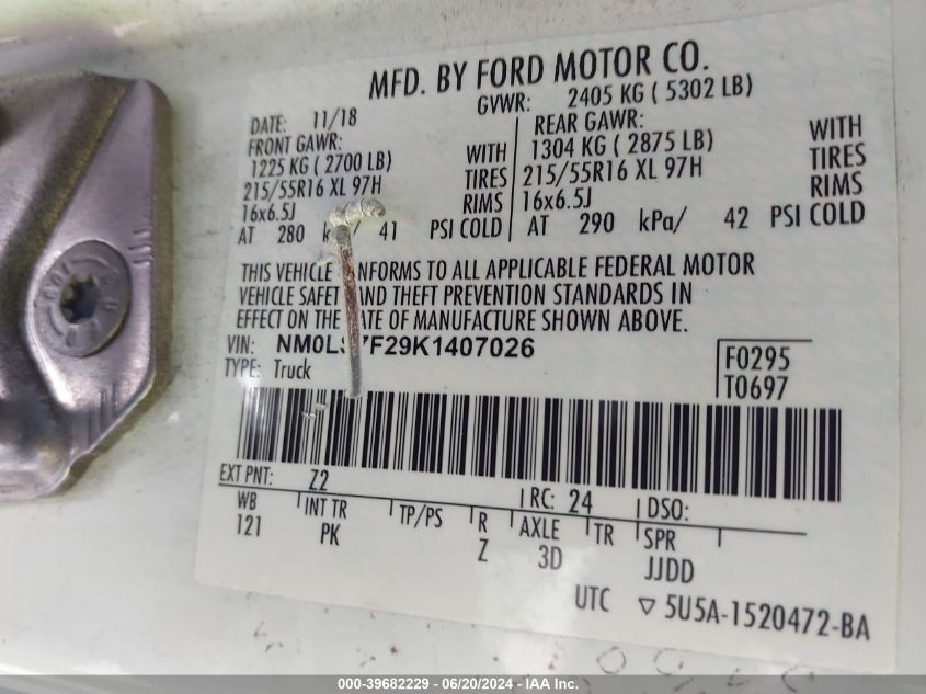 2019 Ford Transit Connect Xlt VIN: NM0LS7F29K1407026 Lot: 39682229