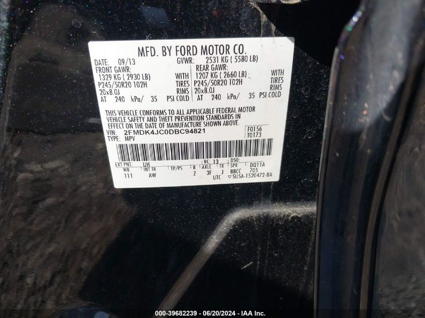 2013 Ford Edge Sel VIN: 2FMDK4JC0DBC94821 Lot: 39682239