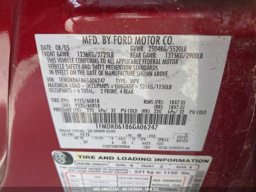 2006 Ford Freestyle Limited VIN: 1FMDK06186GA06247 Lot: 39682244