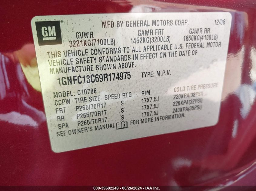 2009 Chevrolet Tahoe Ls VIN: 1GNFC13C69R174975 Lot: 39682249