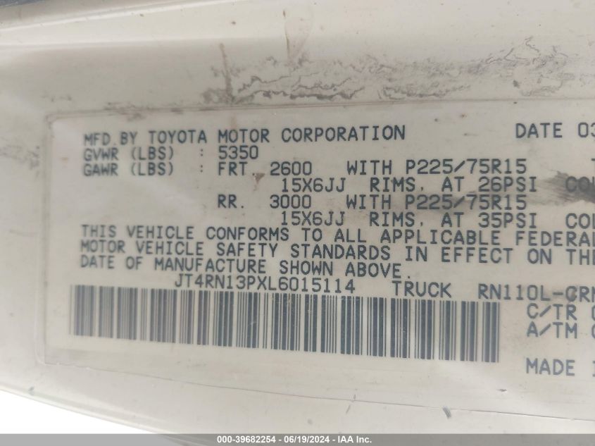 1990 Toyota Pickup 1/2 Ton Ex Lng Whlbse Dlx VIN: JT4RN13PXL6015114 Lot: 39682254