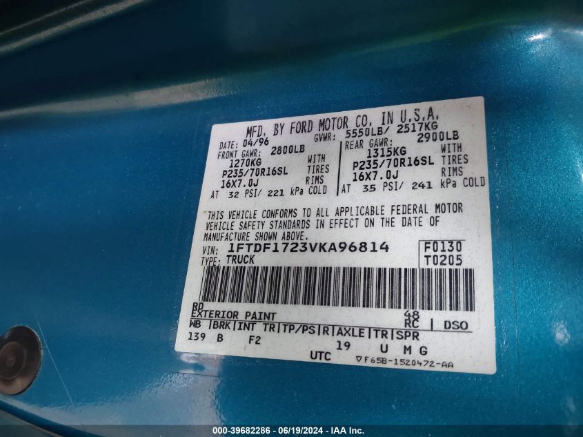 1997 Ford F150 VIN: 1FTDF1723VKA96814 Lot: 39682286