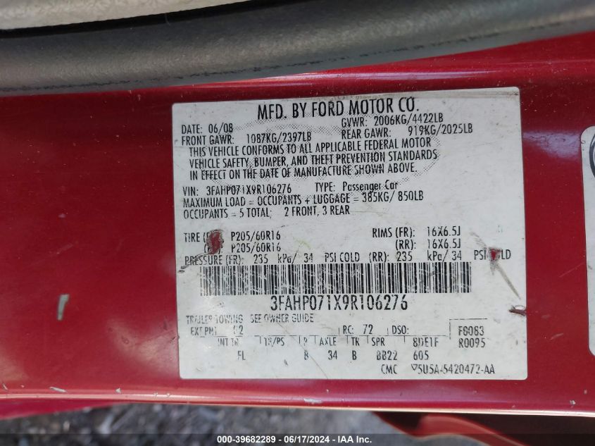 2009 Ford Fusion Se VIN: 3FAHP071X9R106276 Lot: 39682289