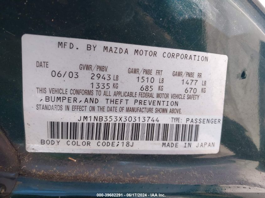 2003 Mazda Mx-5 Miata Cloth/Ls/Se/Shinsen VIN: JM1NB353X30313744 Lot: 39682291