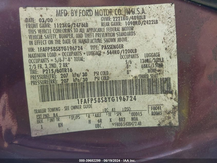 2000 Ford Taurus Se VIN: 1FAFP58S8YG196724 Lot: 39682299