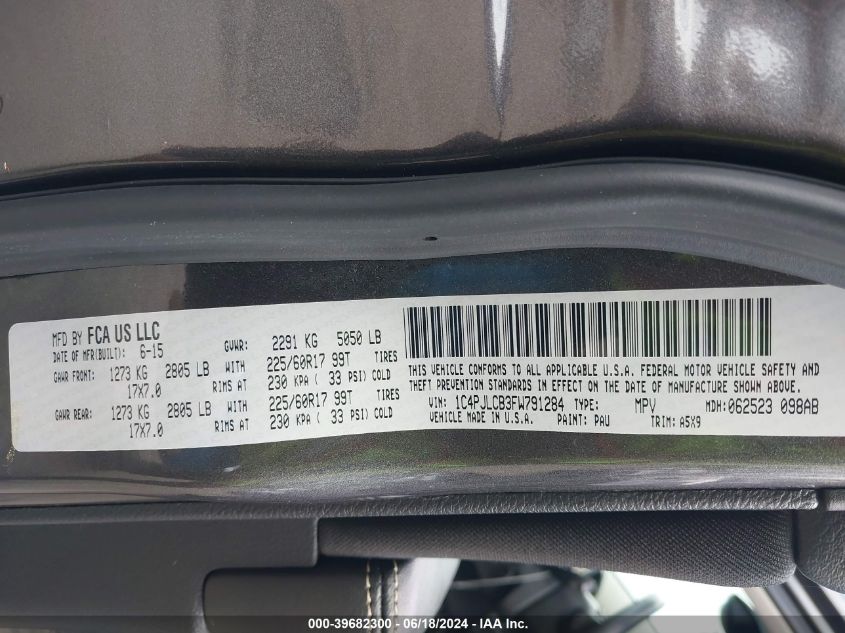 2015 Jeep Cherokee Latitude VIN: 1C4PJLCB3FW791284 Lot: 39682300