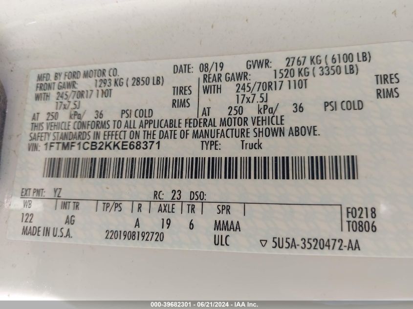 1FTMF1CB2KKE68371 2019 Ford F150