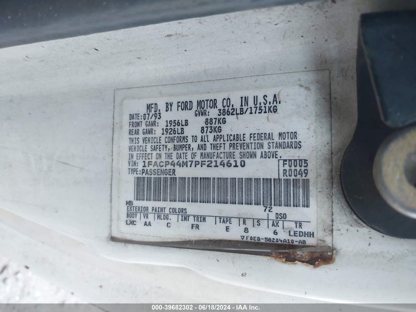 1993 Ford Mustang Lx VIN: 1FACP44M7PF214610 Lot: 39682302