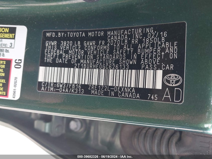 2016 Toyota Corolla L/Le/Le Pls/Prm/S/S Pls VIN: 2T1BURHE0GC626133 Lot: 39682326